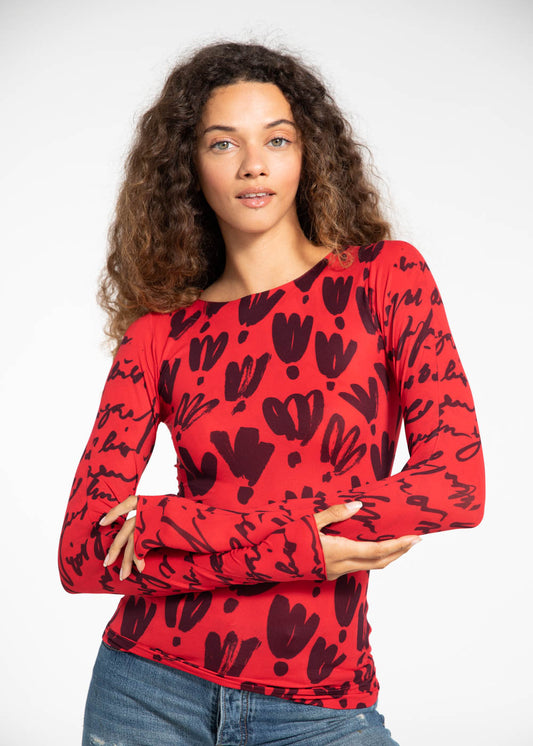 Floral Calligraphy Second Skin Raw Edge Top - In Stock